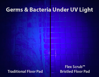 UV light on a floor split down the middle. One side was cleaned with traditional pads and the other with bristled floor pads.