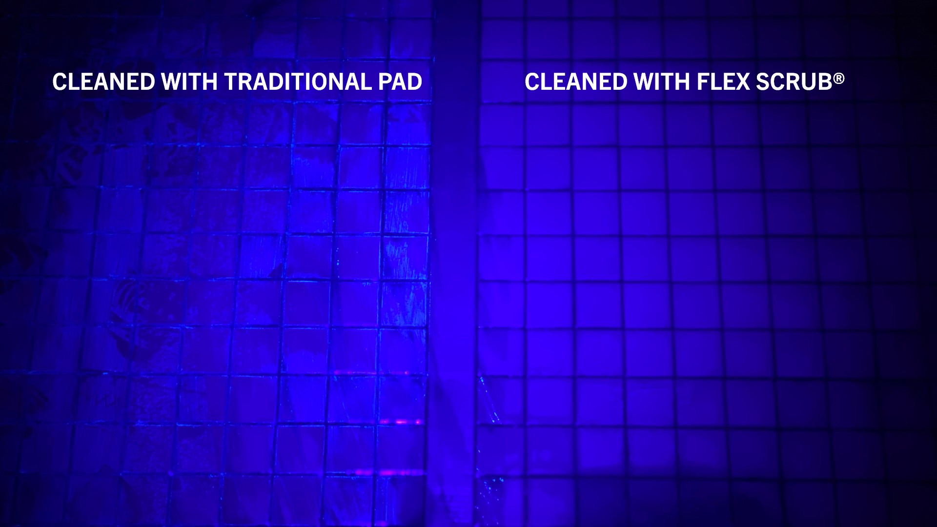 Before and after Flex Scrub on Grouted Tile under UV Light