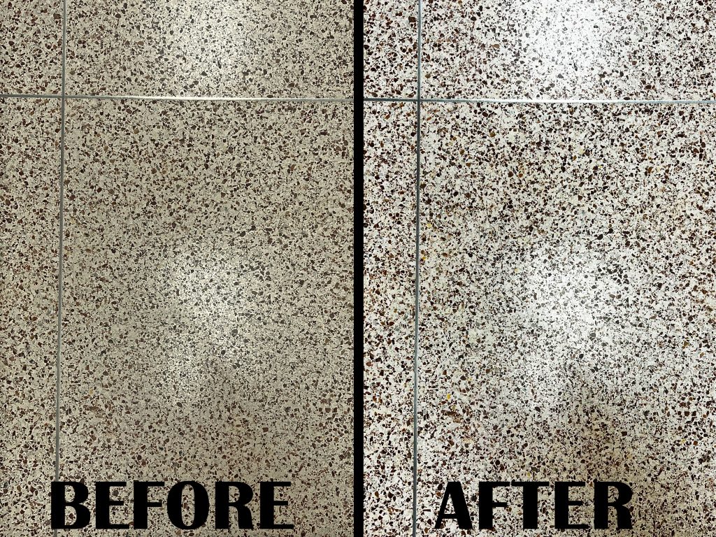 Before and after picture of polished terrazzo with the Diamond Devil System used on the ater side