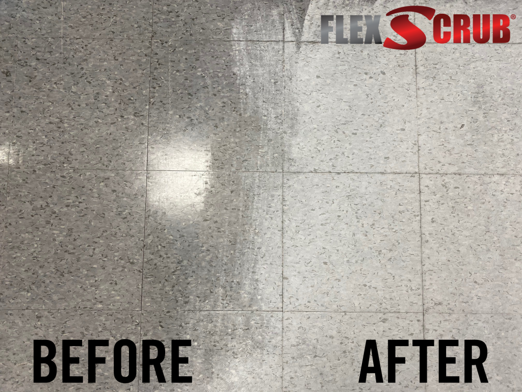 Before and after stripping VCT with Flex Scub Black Stripping Bristled Floor Pad