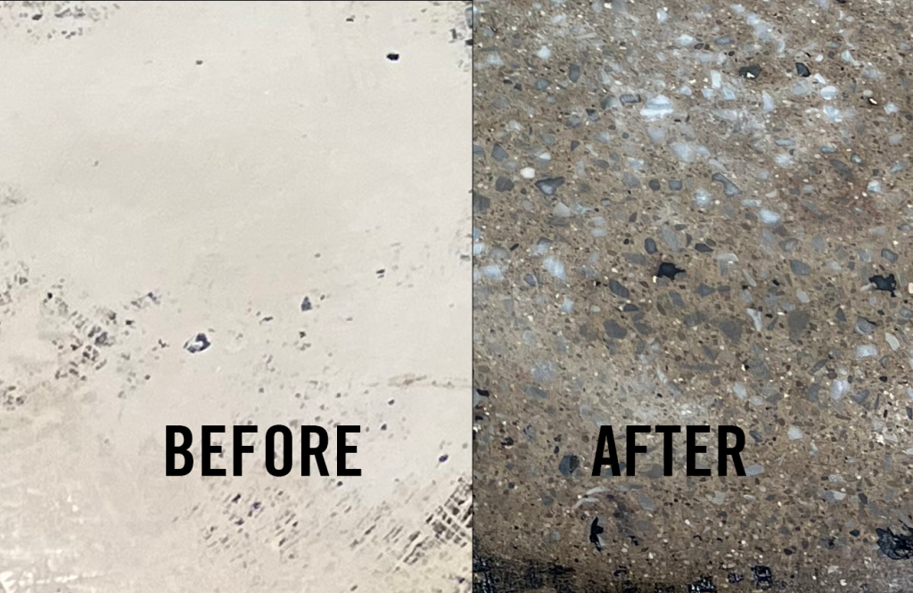epoxy removal on concrete before and after using the Mastic Demon