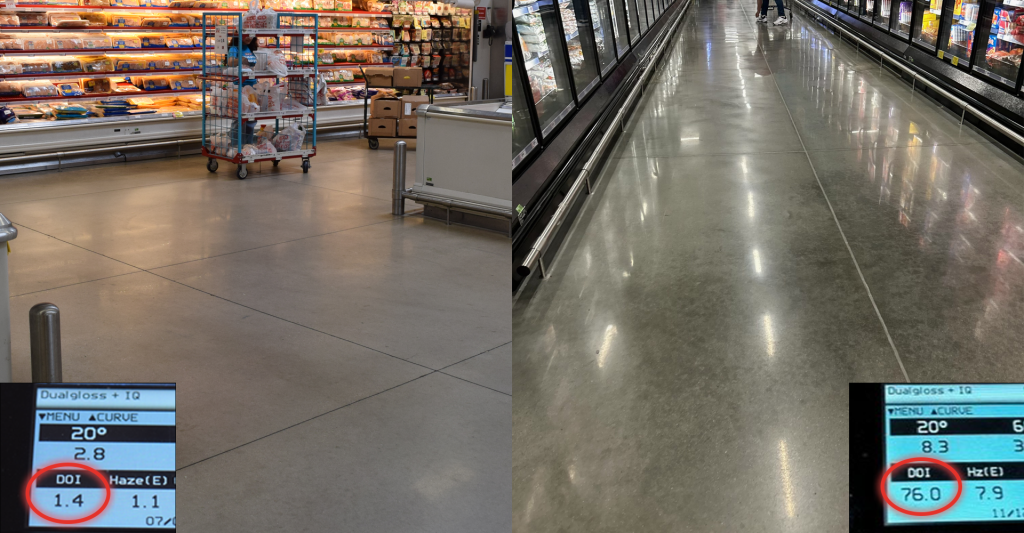Polished concrete at grocery - before and after using the shine tool