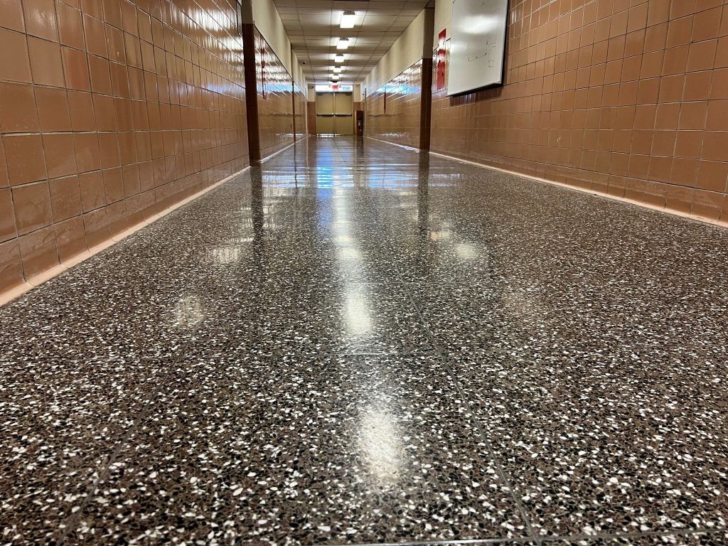 Shiny terrazzo floor polished with Diamond Devil System