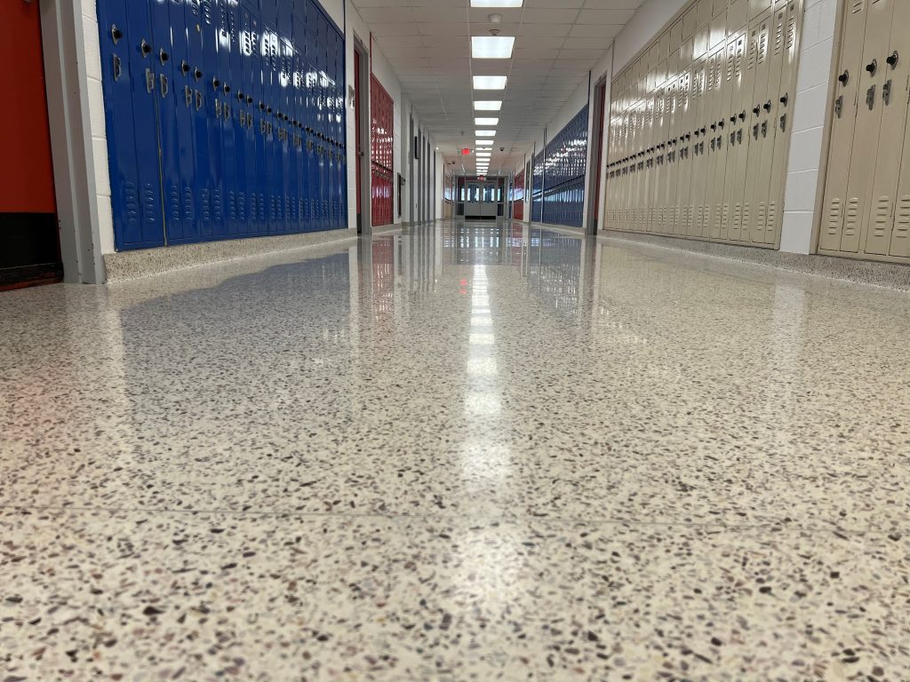 Shiny, polished terrazzo hallway