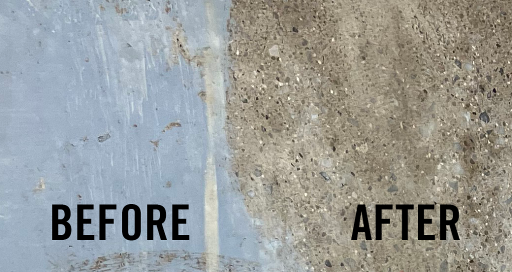 Paint removal on concrete before and after using Mastic Demon