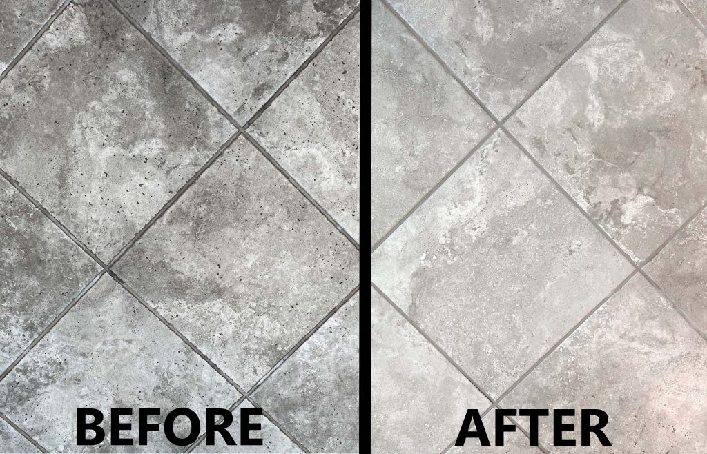 Before and after on grouted tile floor showing the difference a bristled floor pad can make