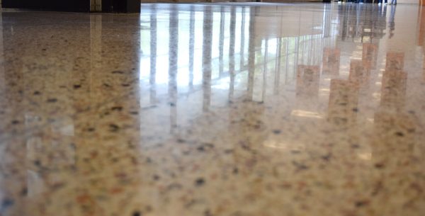 Tyrone terrazzo floor showing window reflection after using the Diamond Devil system