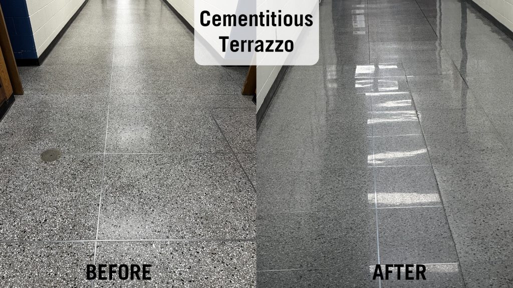 Diamond Devil on terrazzo - before using wax and after using Diamond Devil