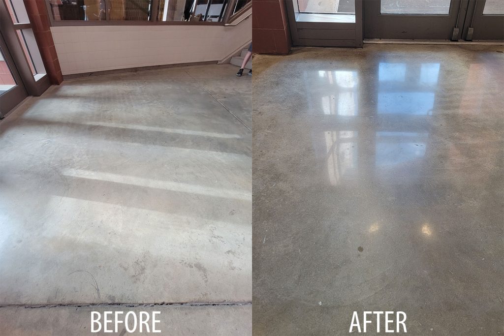 Before and after pictures of a concrete floor using the Diamond Devil system