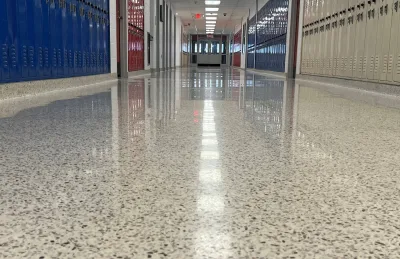 Shiny, polished cementitious terrazzo