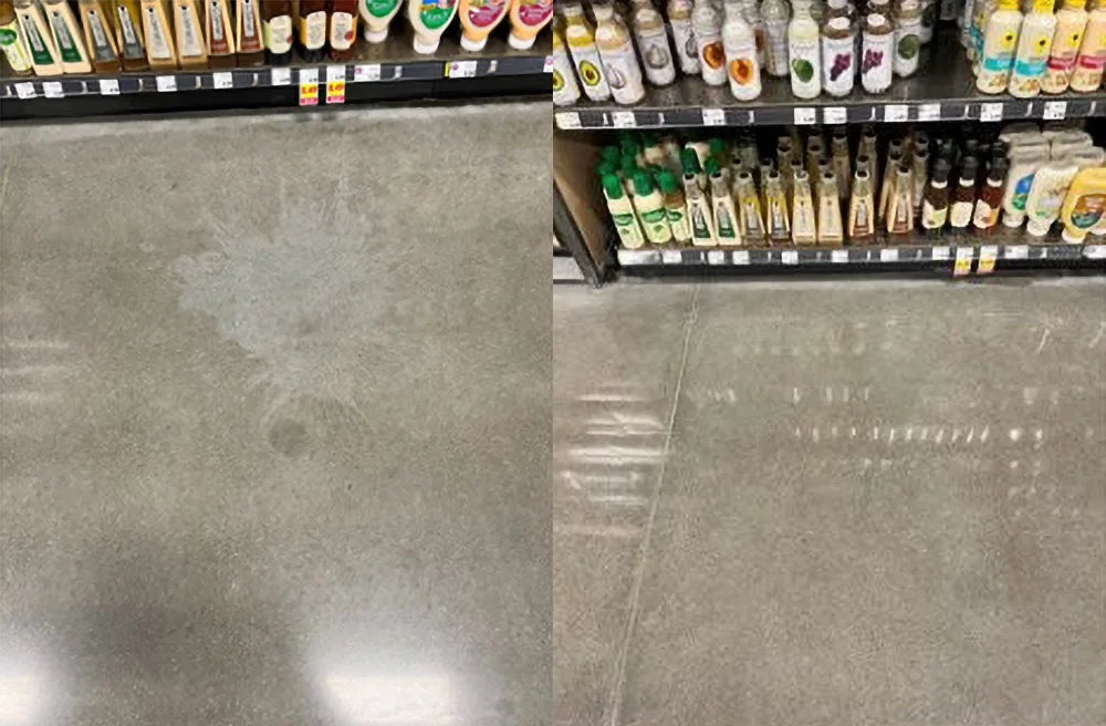 Diamond Devil concrete stain removal before image on left with stain form salad dressing and after image with no sight of stain